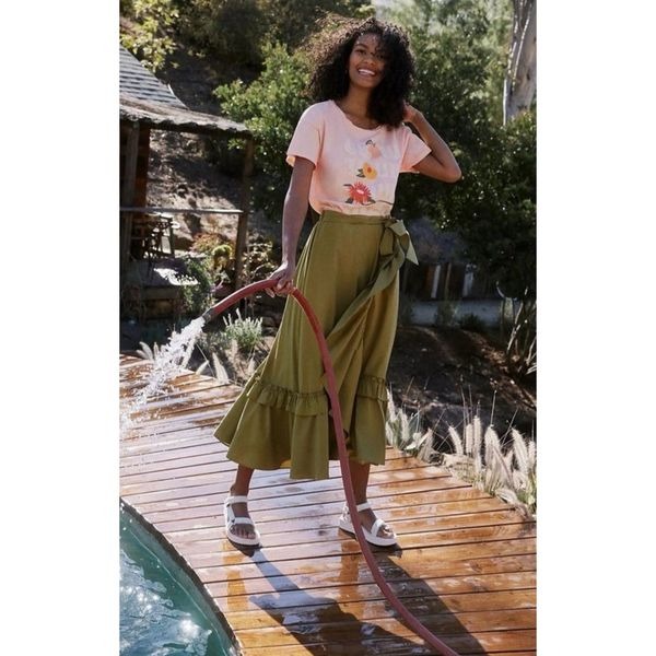 Anthropologie Maeve Size XS Constance Ruffled Green Maxi Wrap Skirt Boho Flowy