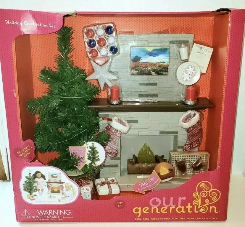 Our Generation Holiday Celebration Set Christmas Tree Fireplace for 18 inch dol