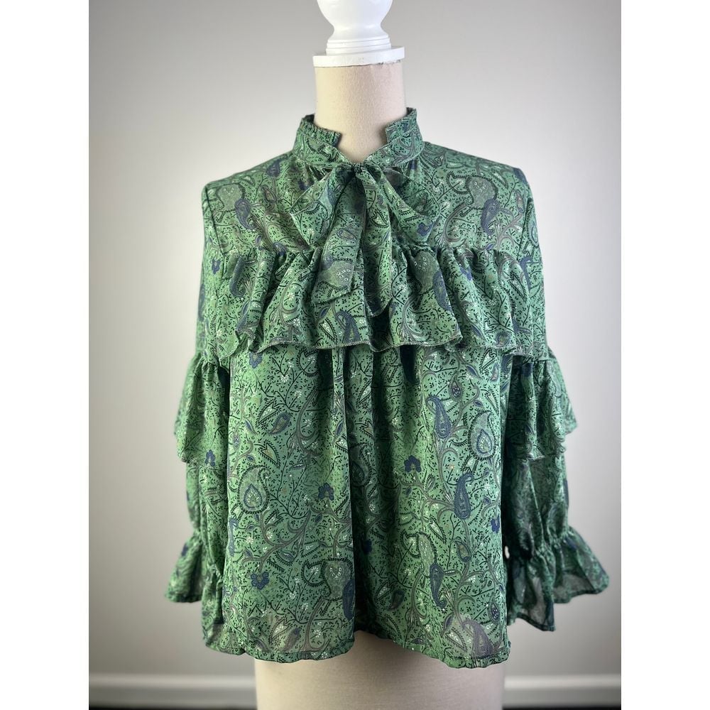 Lucky Brand Green Paisley Ruffle Neck Tie Blouse Victorian Romantic Boho Top XS