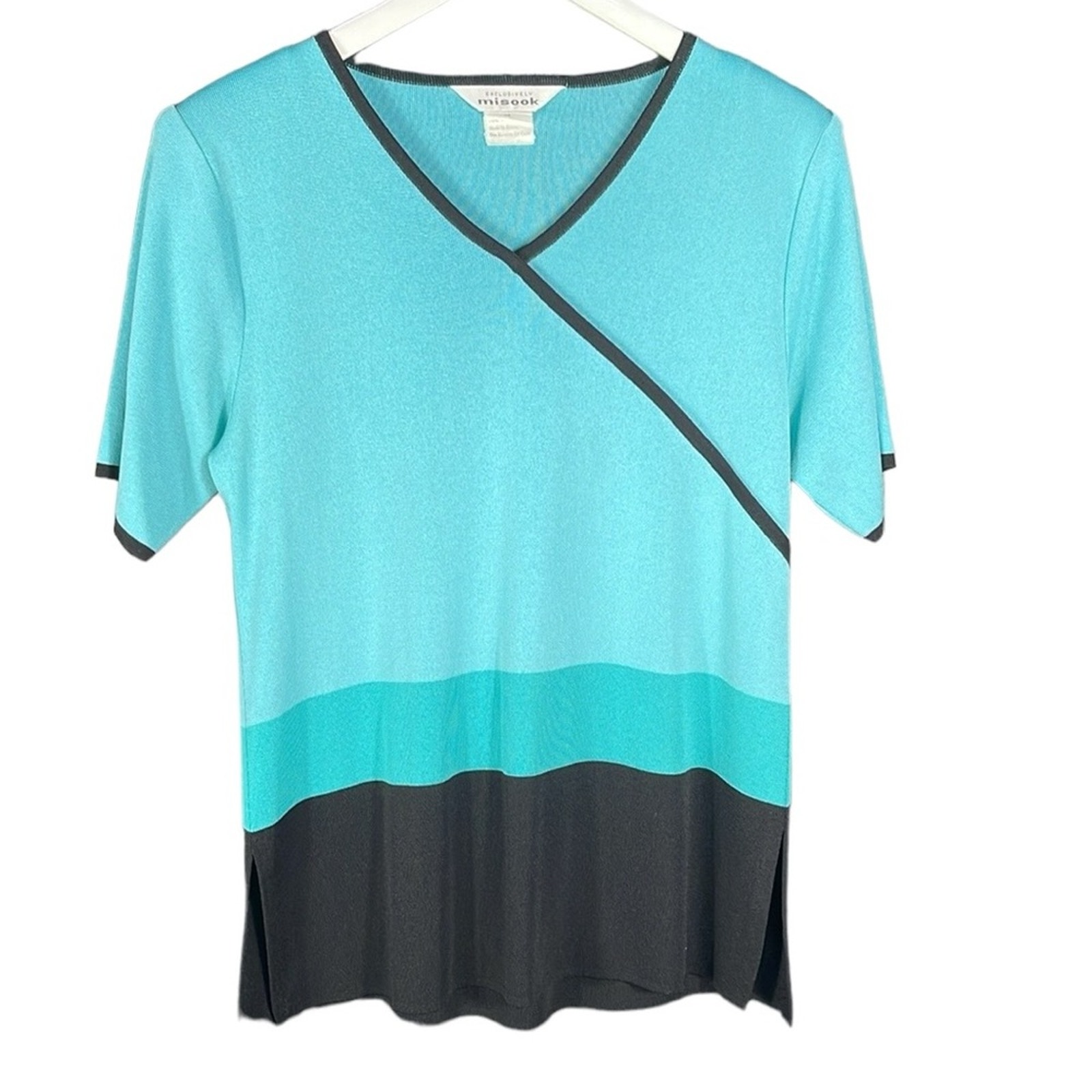 Misook Short Sleeve Color Block Stripe Knit Too SZ M Blue Black
