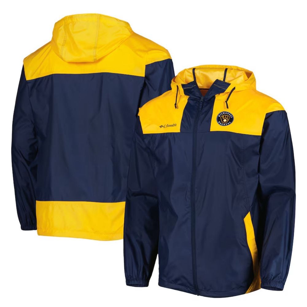Men's 3XT Milwaukee Brewers Columbia Navy/Gold Omni-Shade Windbreaker Jacket NEW