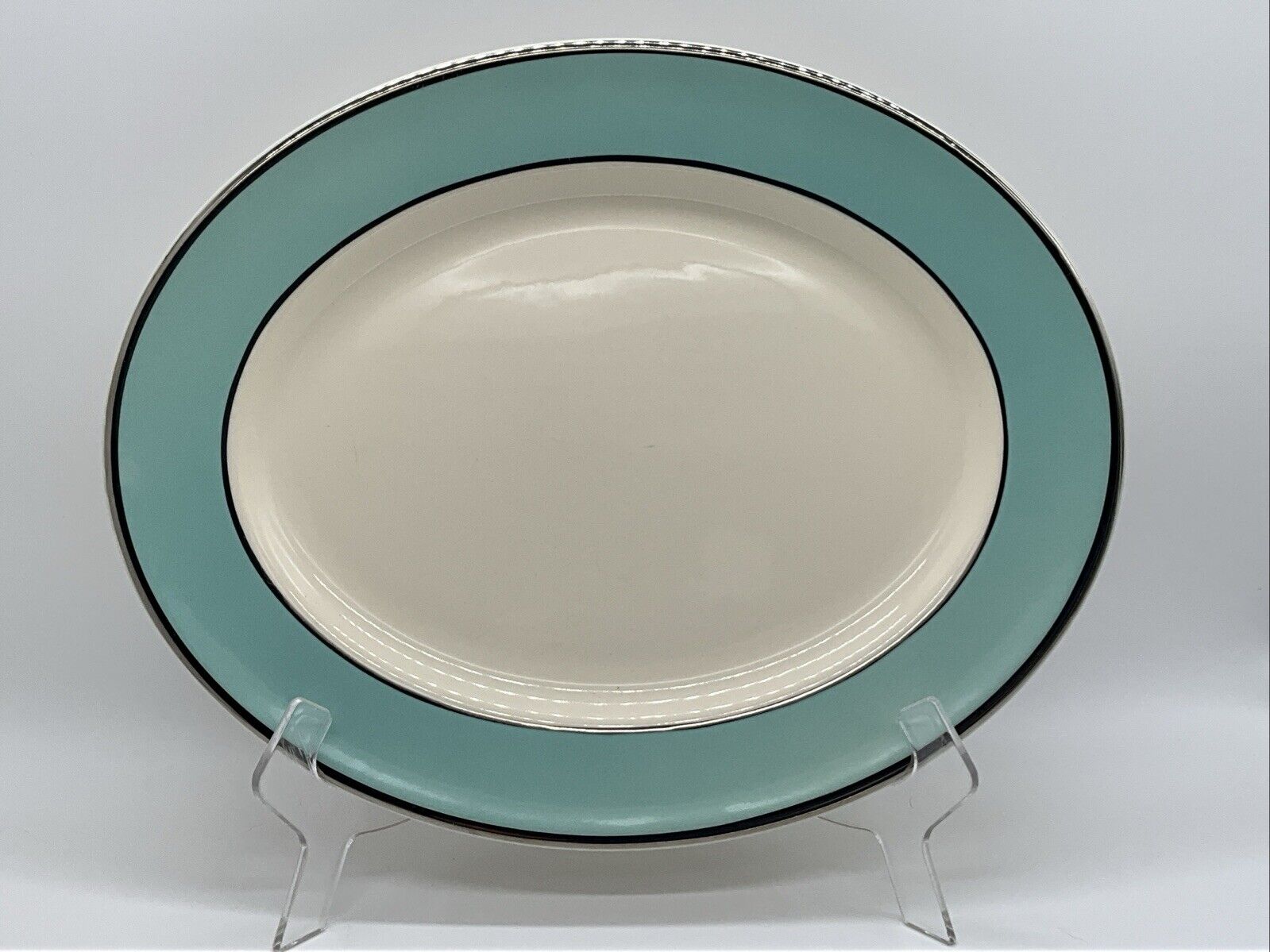 Taylor Smith & Taylor Classic Turquoise Blue/platinum Rim Oval Platter 13.5 inch
