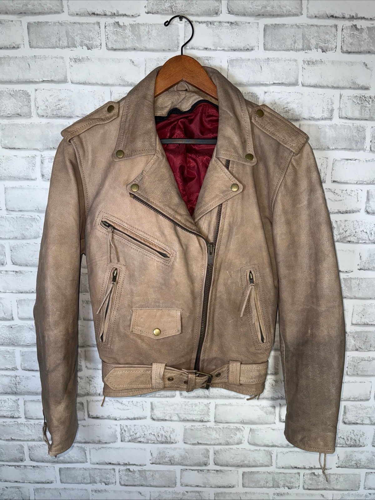Jamin' Leather Jacket Motorcycle Moto Biker Style Grunge Rock Beige Womens S