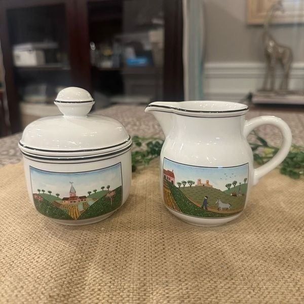 Villeroy & Boch Design Naif Porcelain Sugar Bowl & Creamer Set w/Lid 3-Piece set