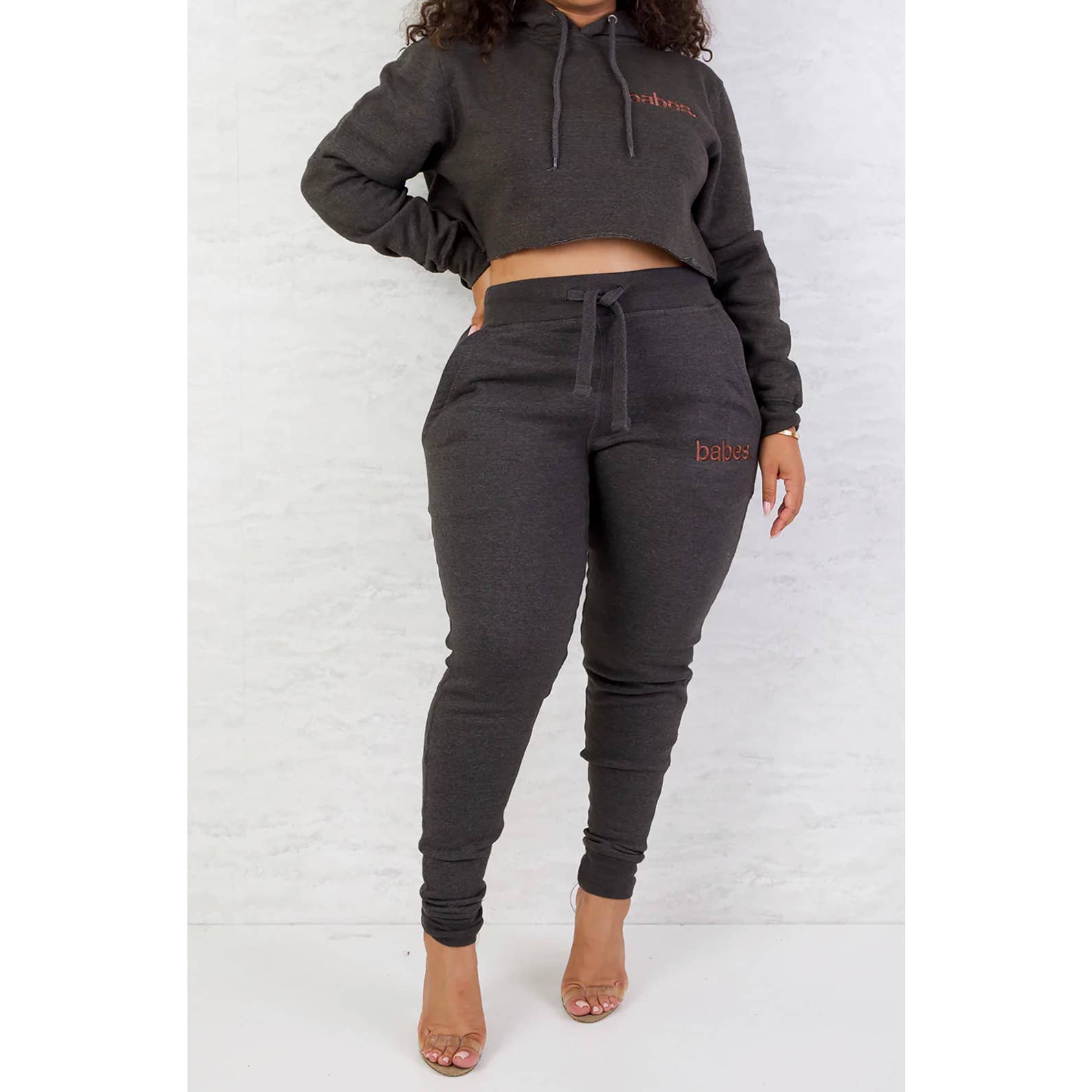 BABES Set Charcoal Grey Comfy Sweatsuit Lounge Jogger + Hoodie Size M + L