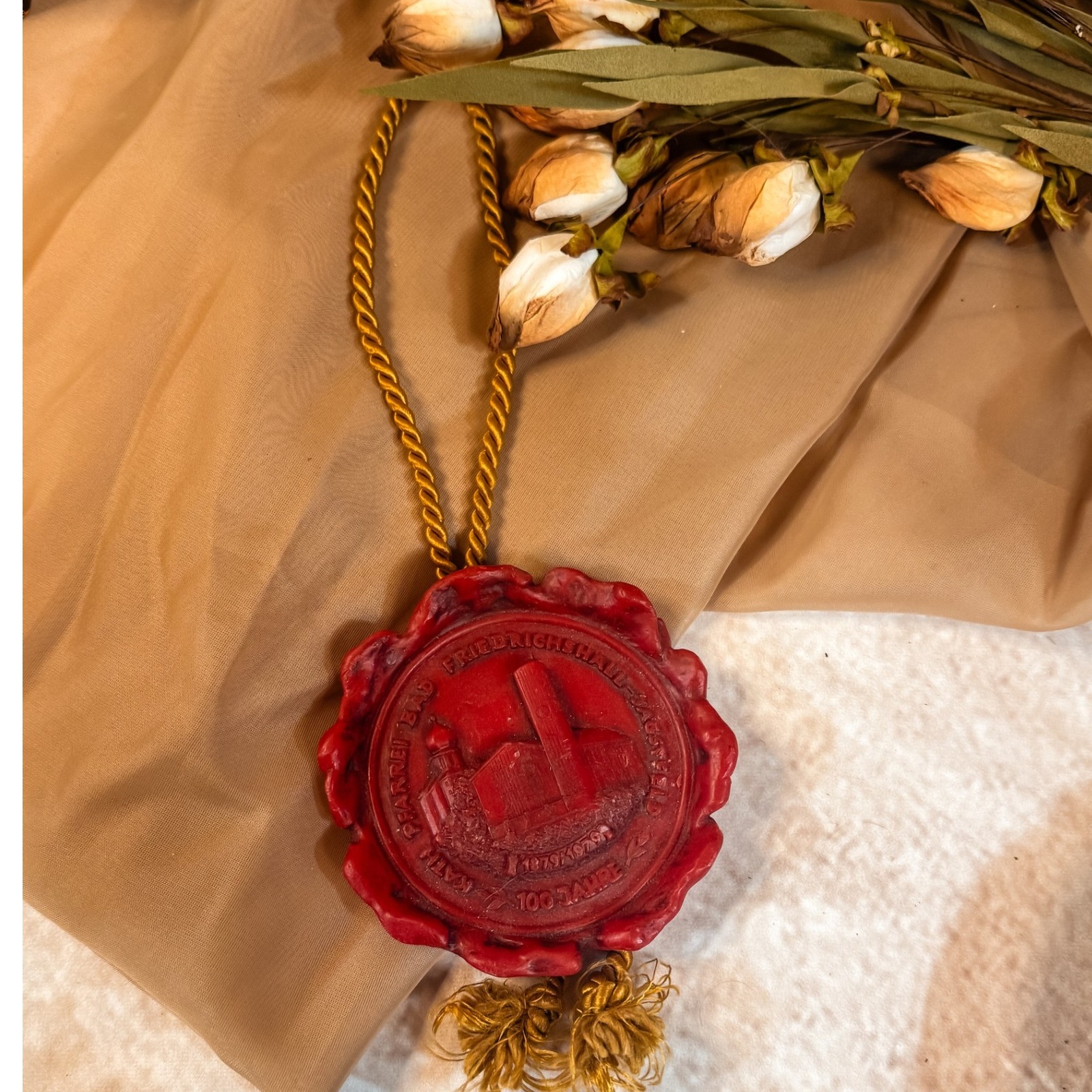 Vintage Red and Gold Wax Art from the Bavarian Forest
