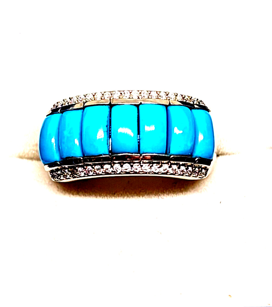 Sleeping Beauty Turquoise & Moissanite ring in Rhodium over 925SS 3.20cts sz 7