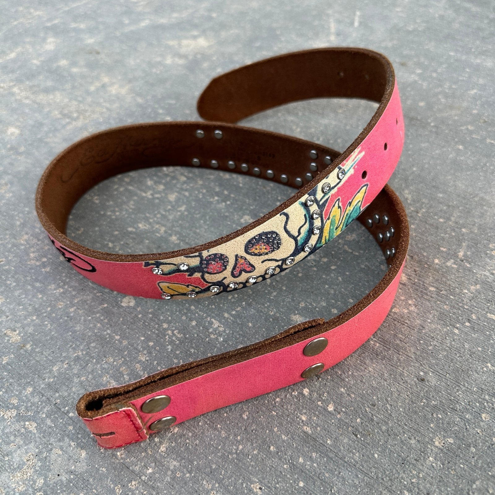 Vintage Ed Hardy Pink Tiger Leather Belt with Diamonte's Size M