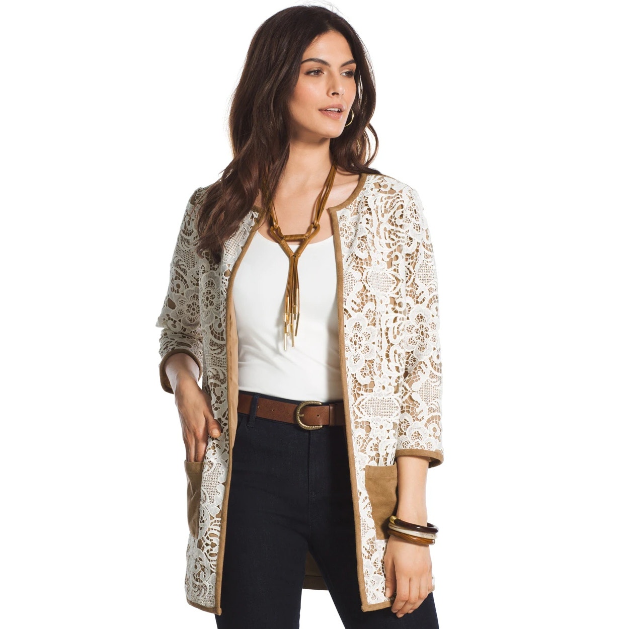 Chico's Womens Jacket Size 1 M 8 Faux Suede Lace Duster Ecru Camel NEW