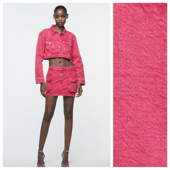 NWT. Zara Z1975 Pink Cropped Denim Jacket. Size S.