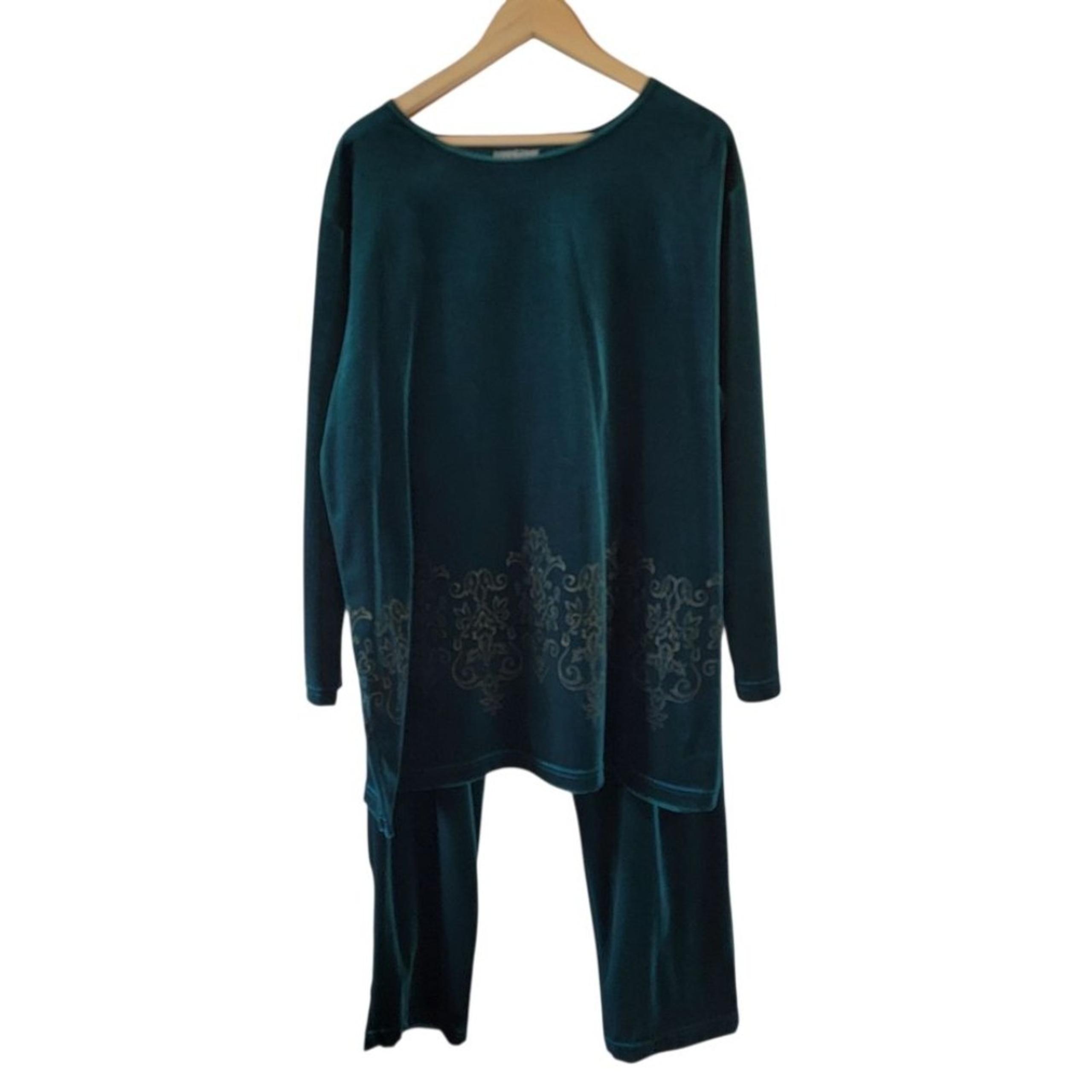 VTG Diane Von Furstenberg Pant + Top 2X Kelly Green Velvet Floral Embroidered
