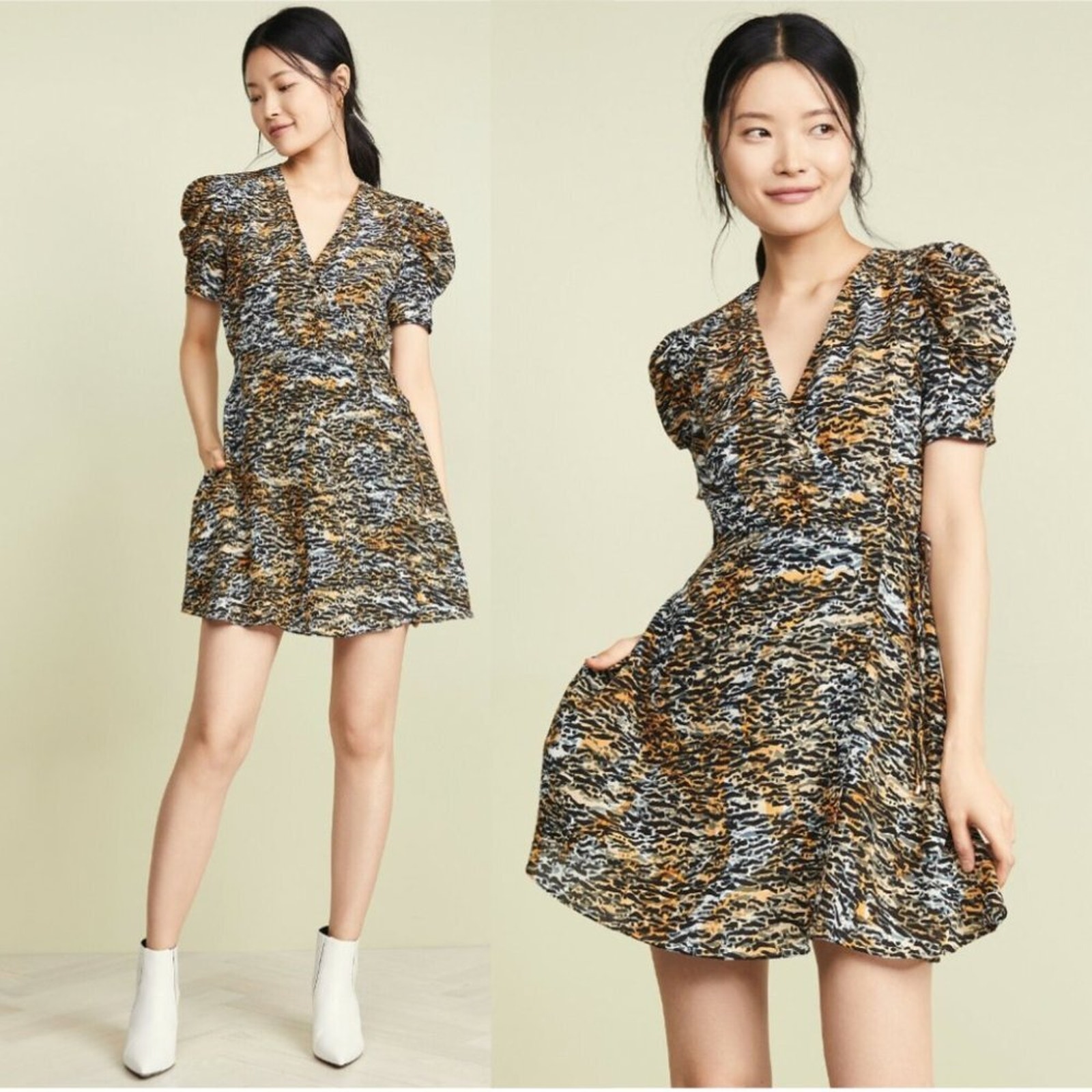 Saloni Lea Wrap Silk Crepe Mini Dress in Ink Tiger Print