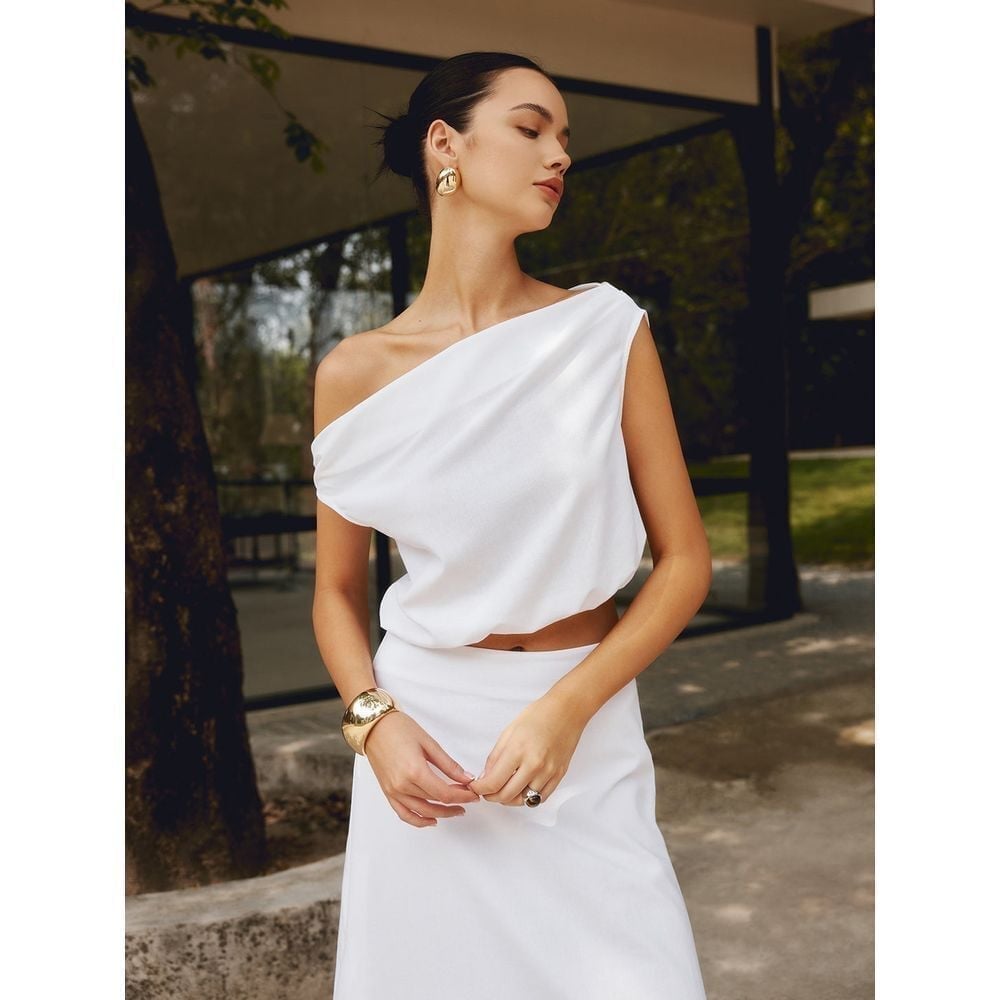 Commense Cotton & Linen One Shoulder Off Blouse White Crop Top Summer Coastal S
