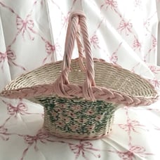 Vintage Shabby Chic Pink Rose Bouquet Hand printed Wicker Rose Basket