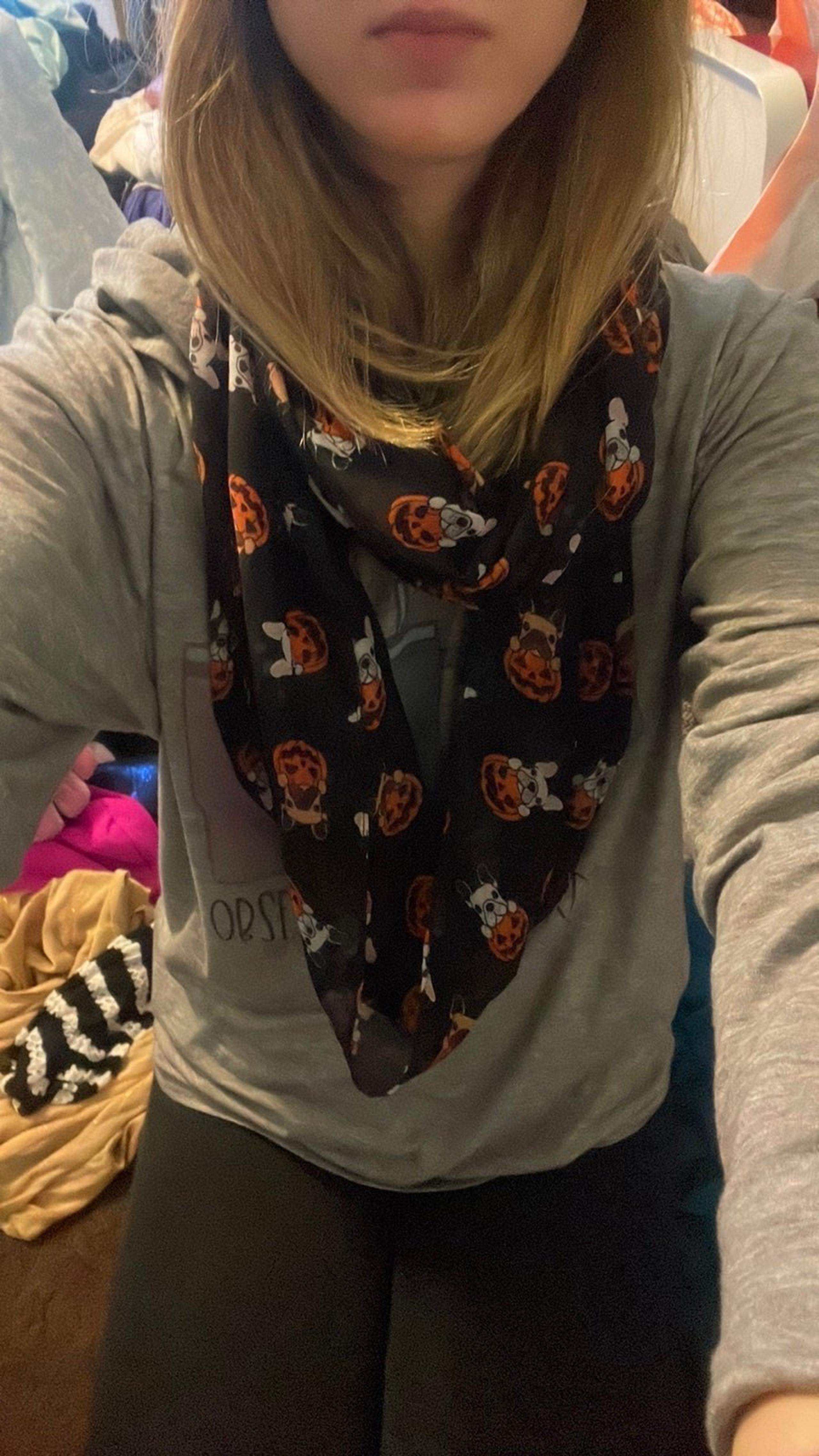 Christopher & Banks black infinity scarf with dogs in pumpkins