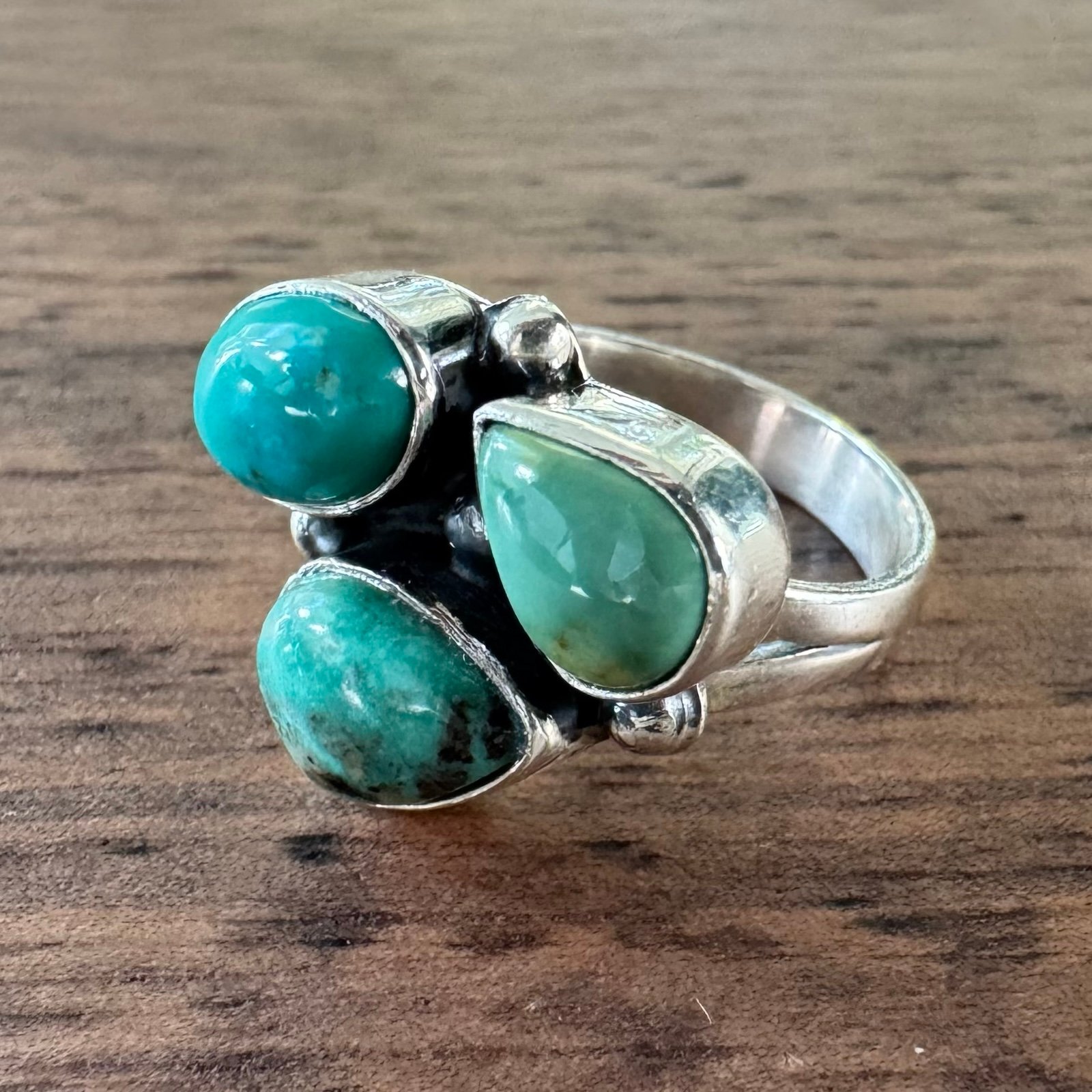 Southwestern Turquoise Cluster Ring 925 Sterling Silver