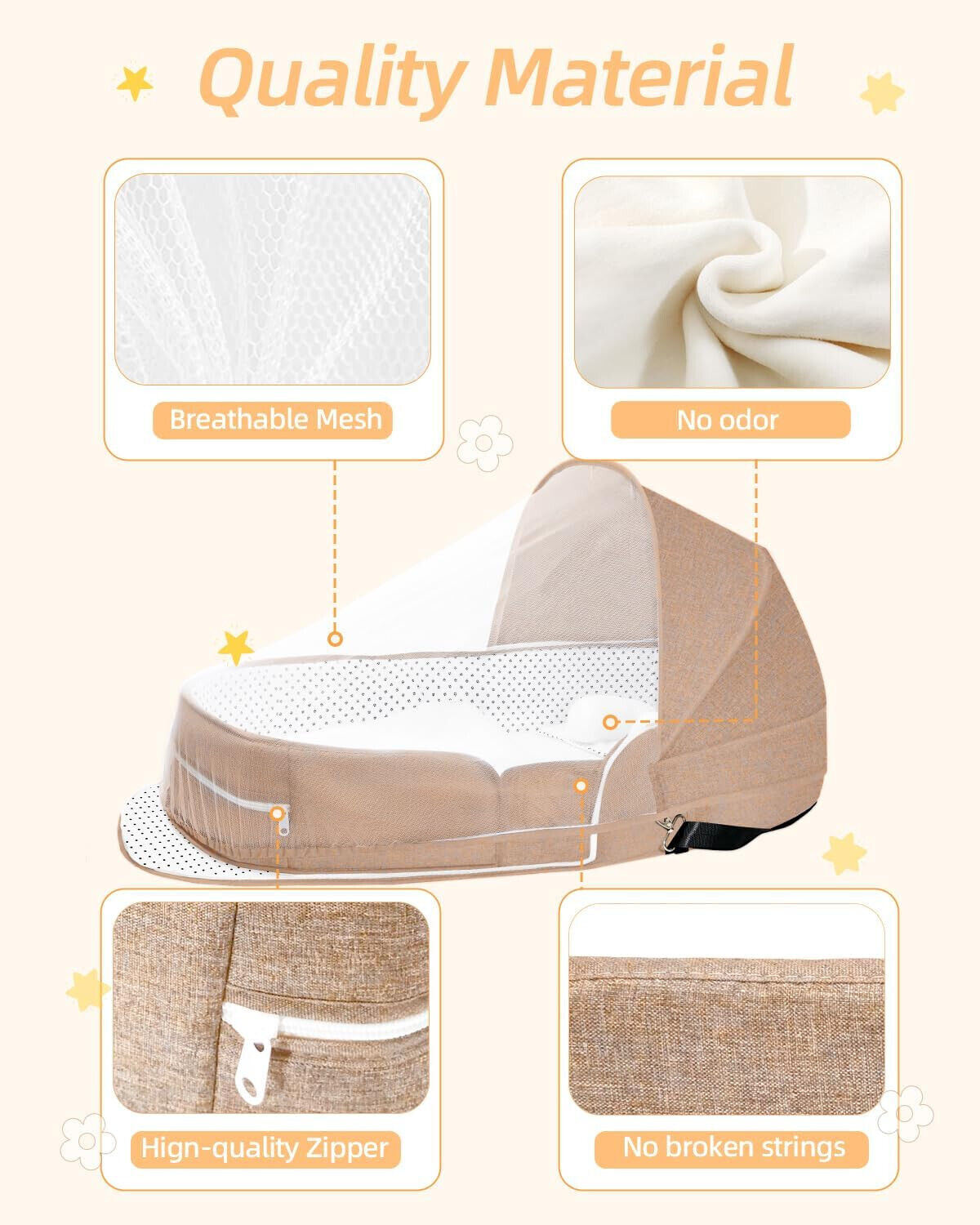 Portable baby bassinet for travel, with canopy and mosquito net