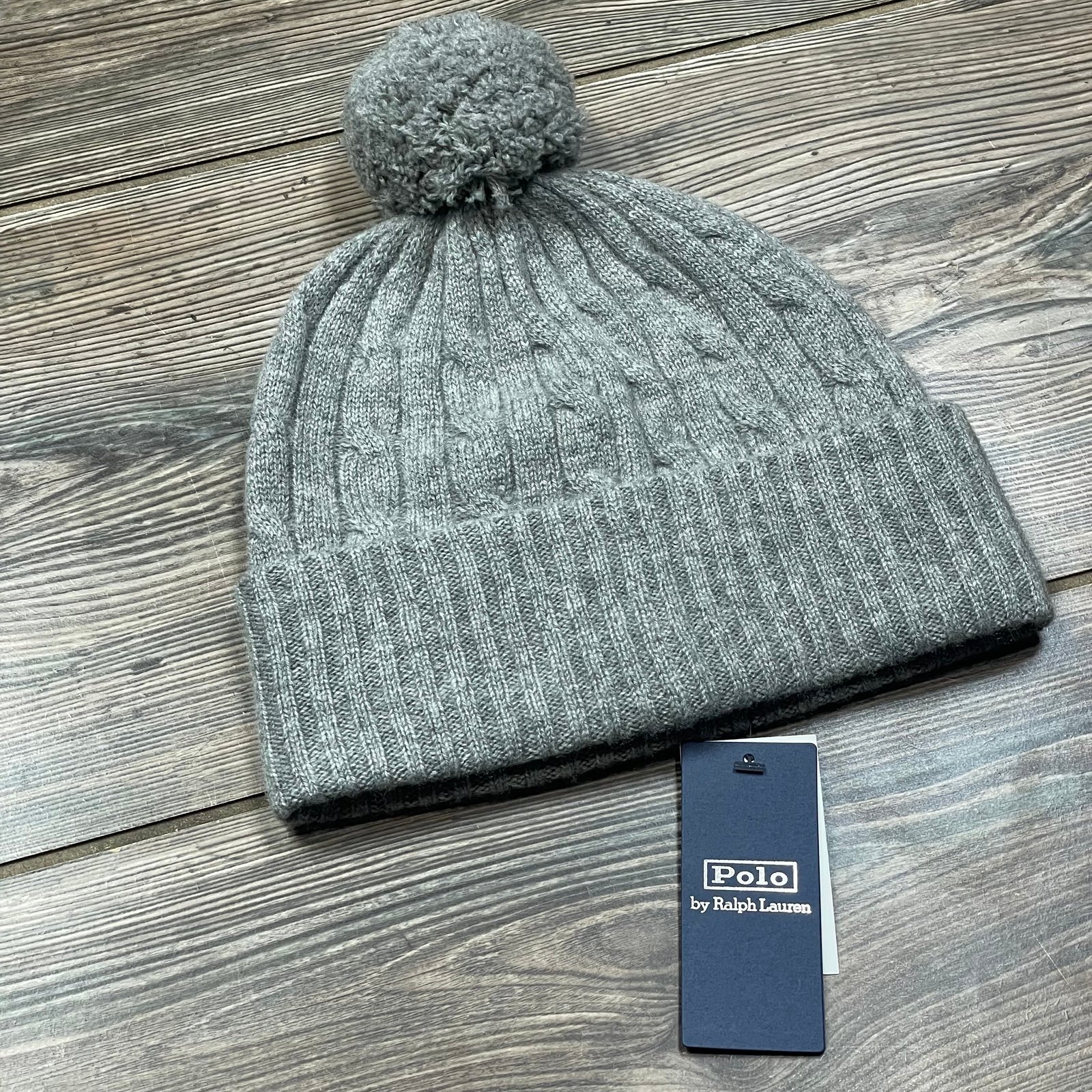Polo Ralph Lauren Women's Cable-Knit Cashmere Pom Cuffed Beanie Gray NWT 198