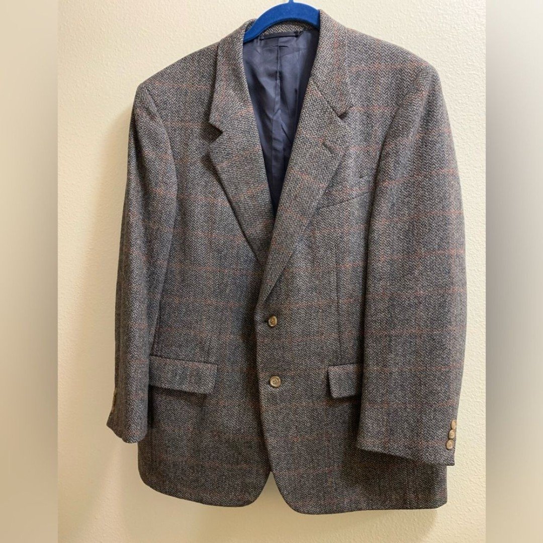 Hickey Freeman Wool Houndstooth Blazer Canterbury Collection Men’s 44 Gray Blue