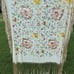 Vintage Ecru Colored, Floral Embroidered Piano Shawl with Fringe. 47” x 43”