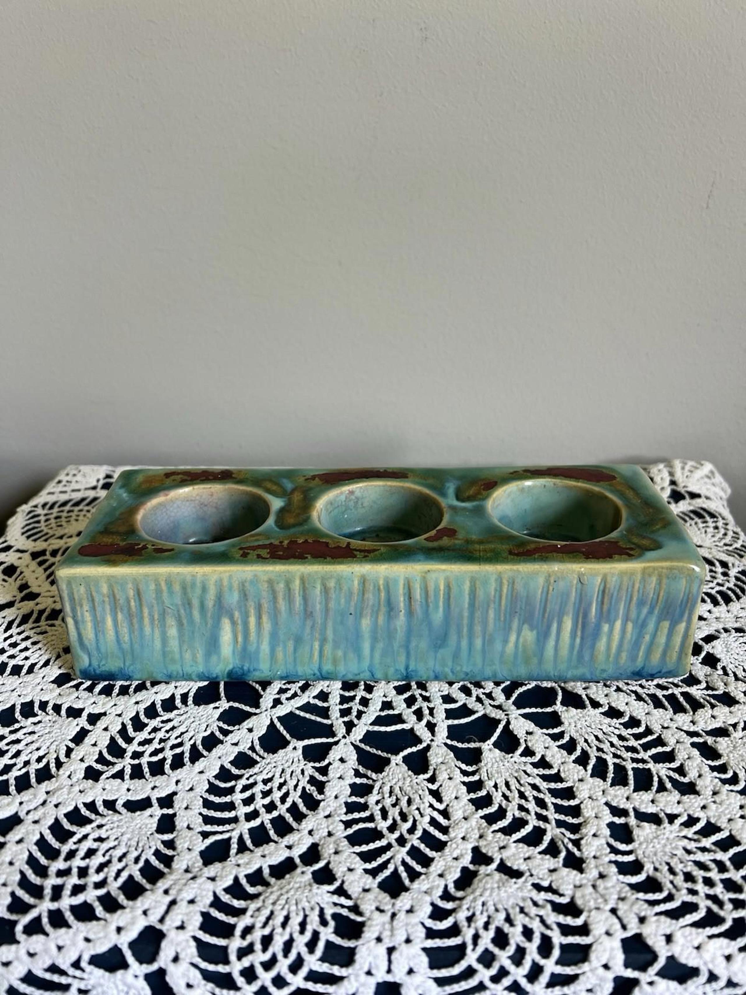 Pier 1 Imports Glazed Ceramic Tea Light  Candle Holder 8in Teal Blue And Red