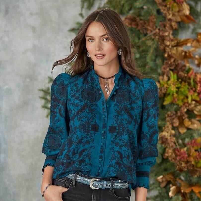 Sundance Rosetti Lace Blue Embroidered Ramie Button Blouse Shirt Top Size M