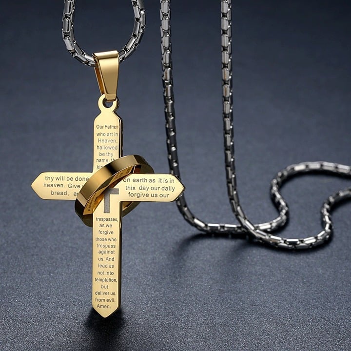 Men's Stainless Steel Bible Lord's Prayer Halo Ring Cross Pendant Necklace 23
