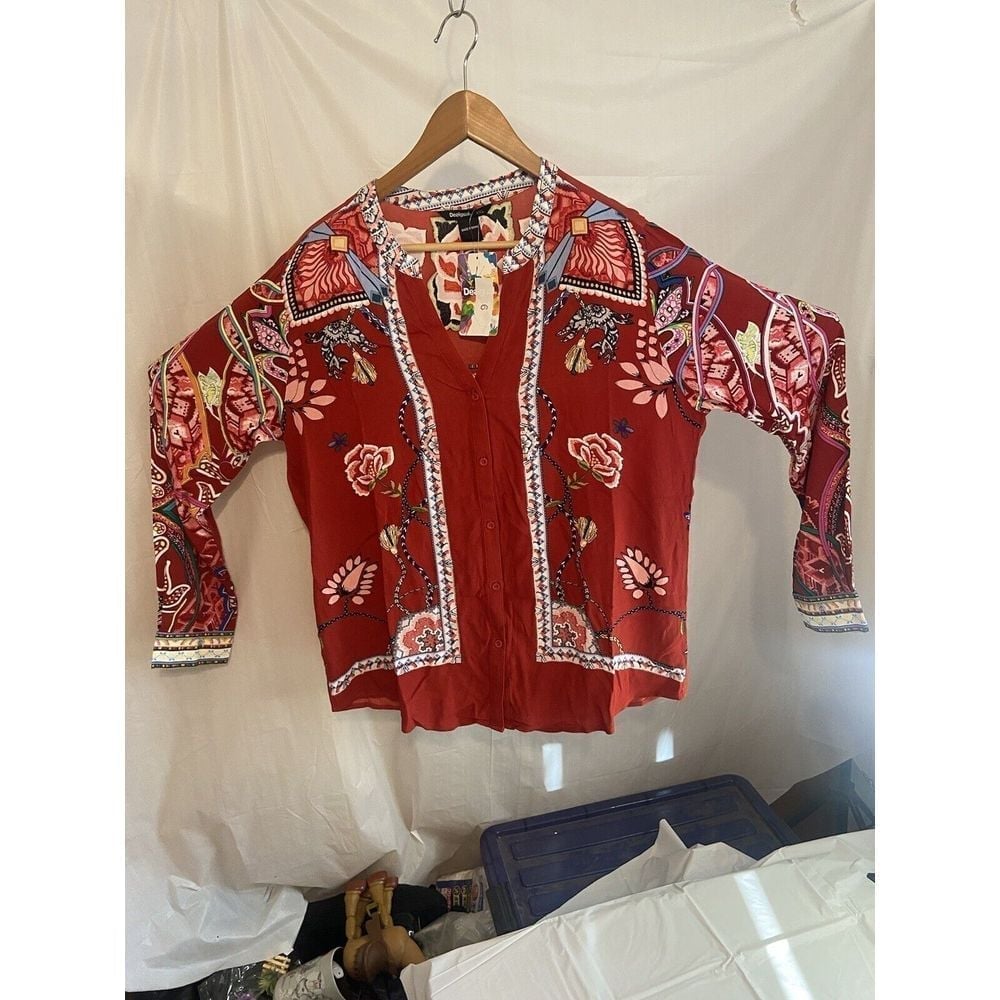 Women's Desigual Multicolored Designer Floral Long Sleeve Shirt-NWT-Size 2XL