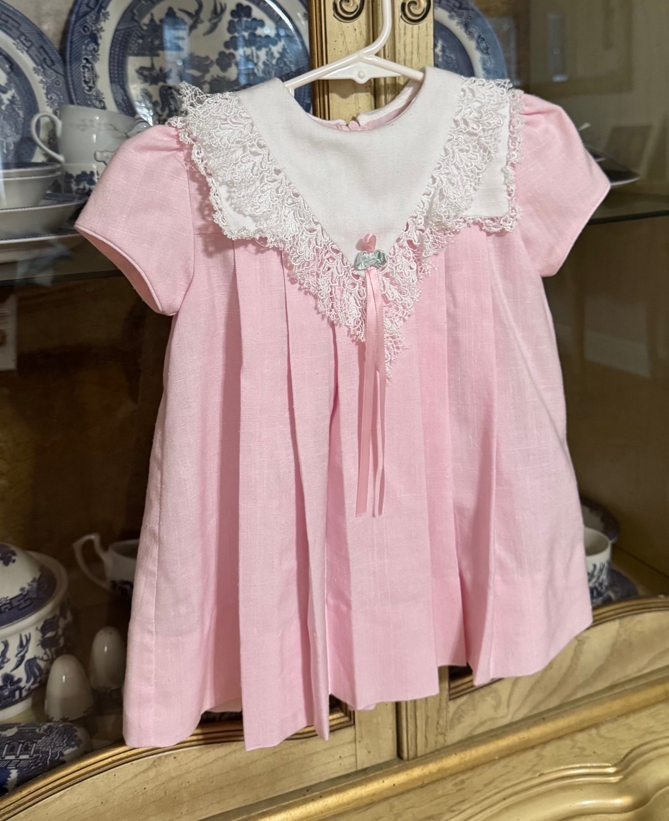 Vintage CI Castro pink linen heirloom dress 3t 18.5” sth