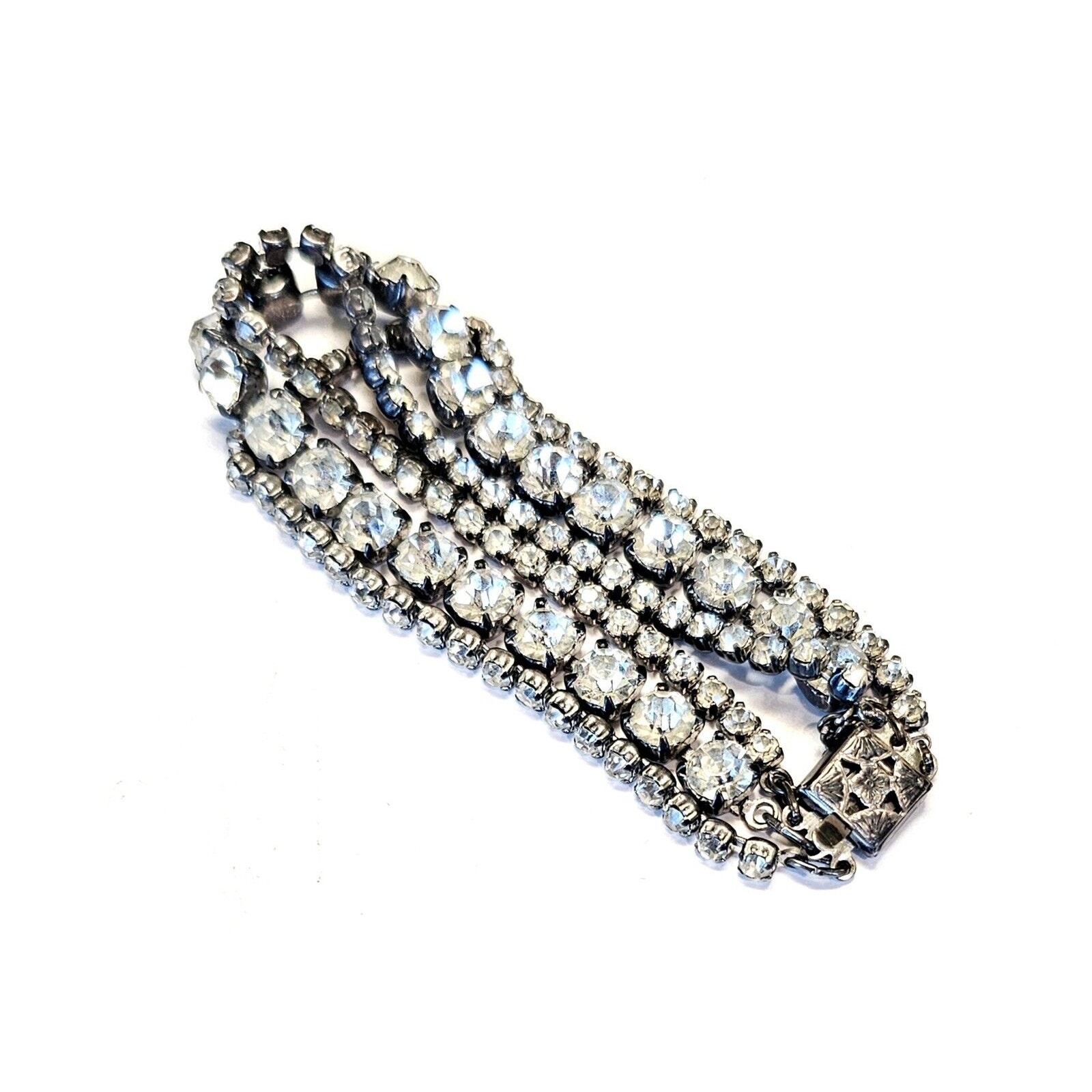 Mid Century Rhinestone Sterling Tennis Bracelet Triple Strand 1940s