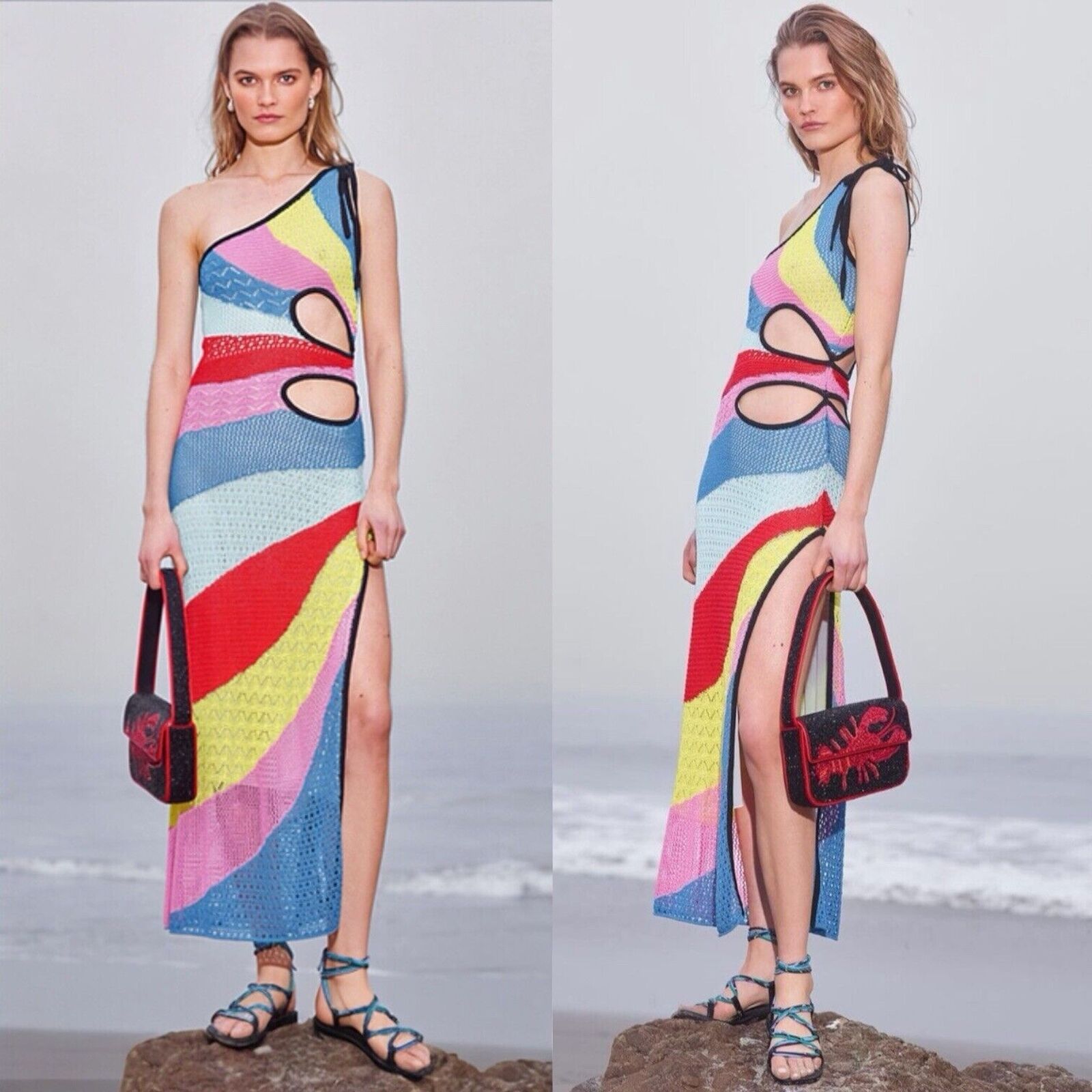 Staud Crochet One Shoulder Rainbow Stripe Alpes Midi Dress Size Medium