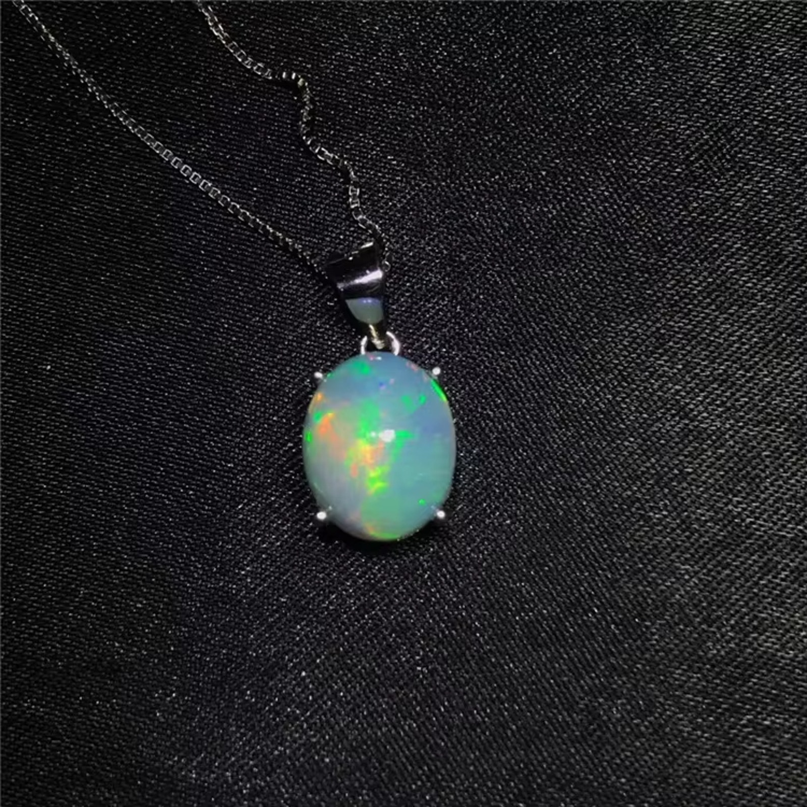 White Opal Stone Pendant Minimalist Fire Opal Necklace Sterling Silver 9x11mm