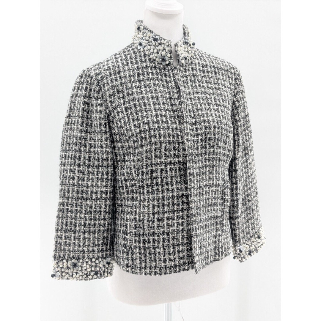 Chicos Tweed Pearl Sequin Embellished Black & White Blazer Size 1 Medium