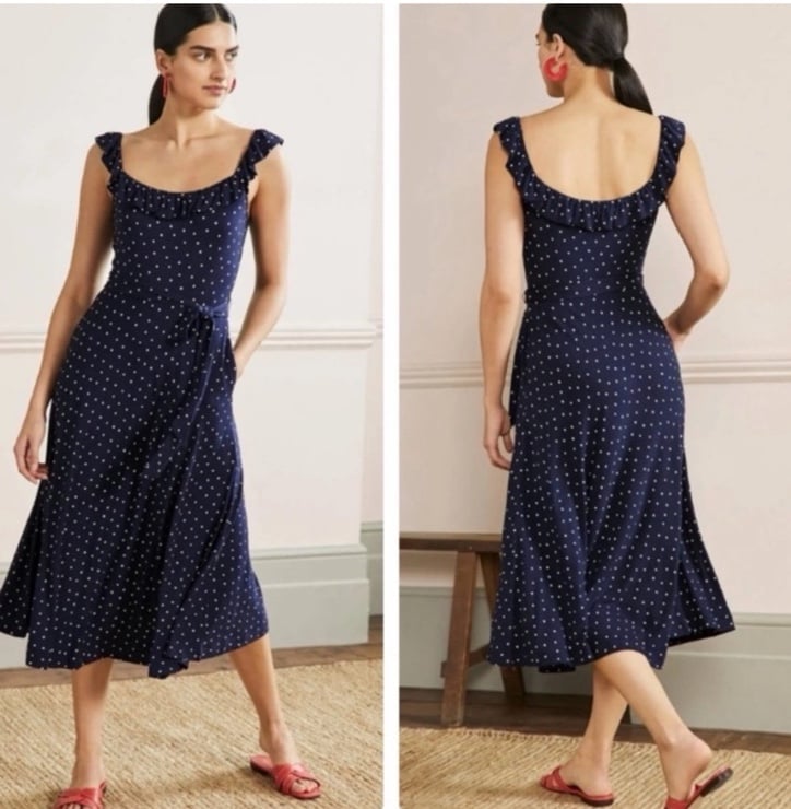 Boden Ruffle Neck Jersey Midi Dress Navy Blue with White Polka Dot size 8 petite