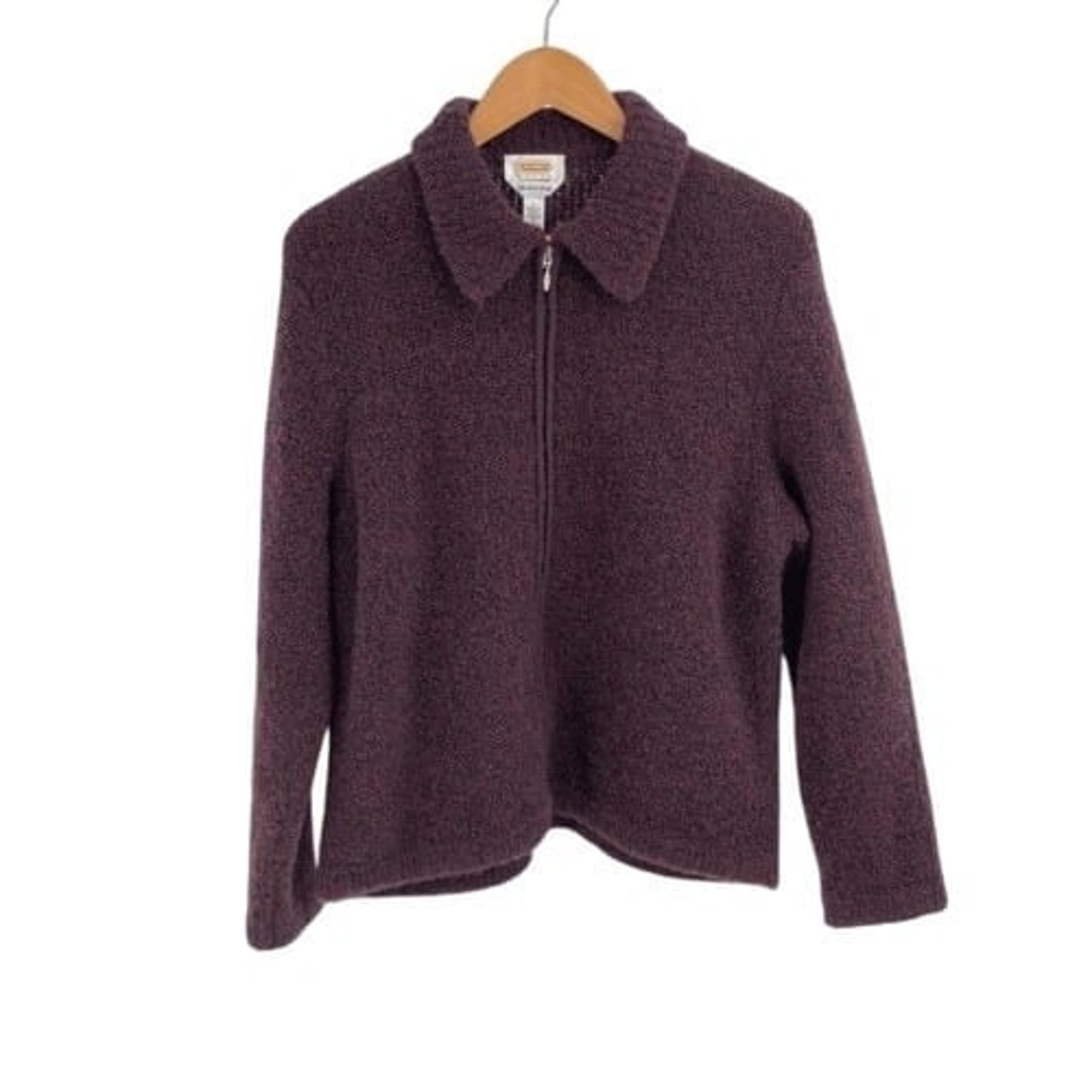Talbots Wool Sweater Jacket Women Large Purple Black Full Zip Collar Cardigan