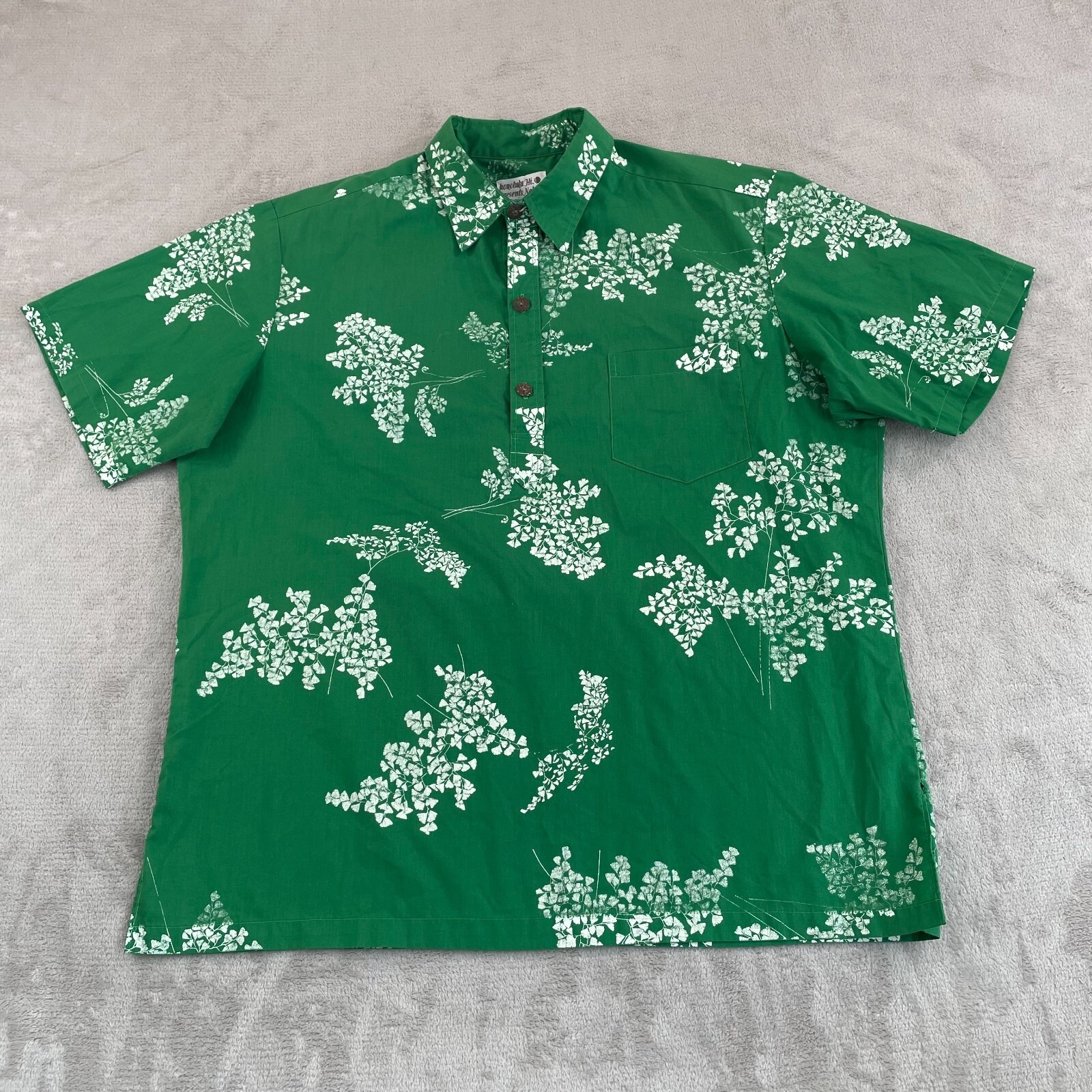 Vintage NAKE'U AWAI Shirt Men XL Green Floral Honolulu HI Hawaiian Aloha PopOver