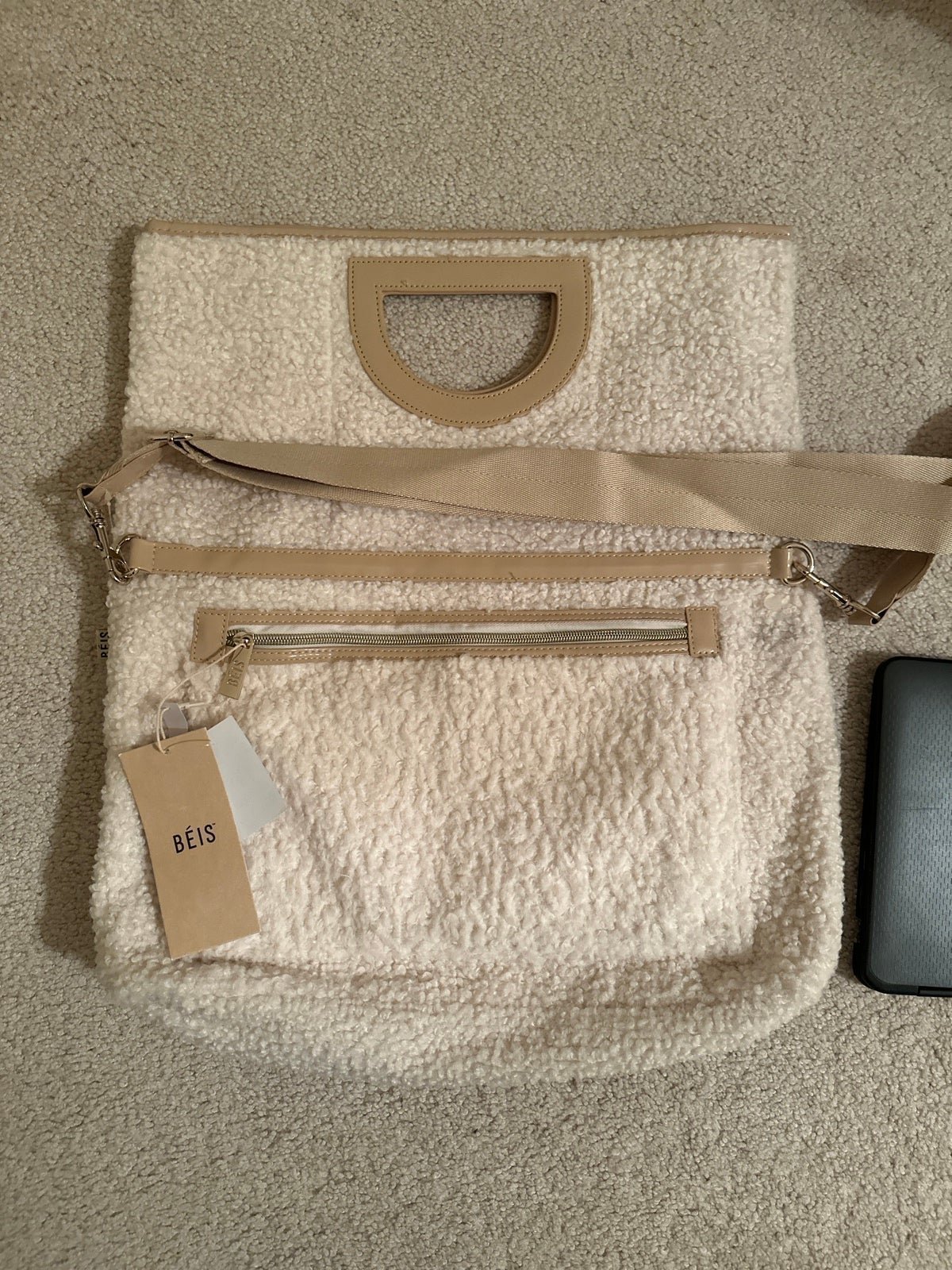 NWT Beis messenger tote faux shearling in cream