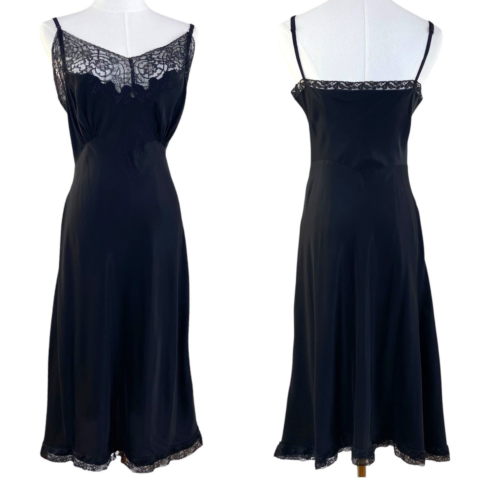Vintage 40s Superfit Black Bias Cut Rayon Lace Embroidered Slip Dress Size M