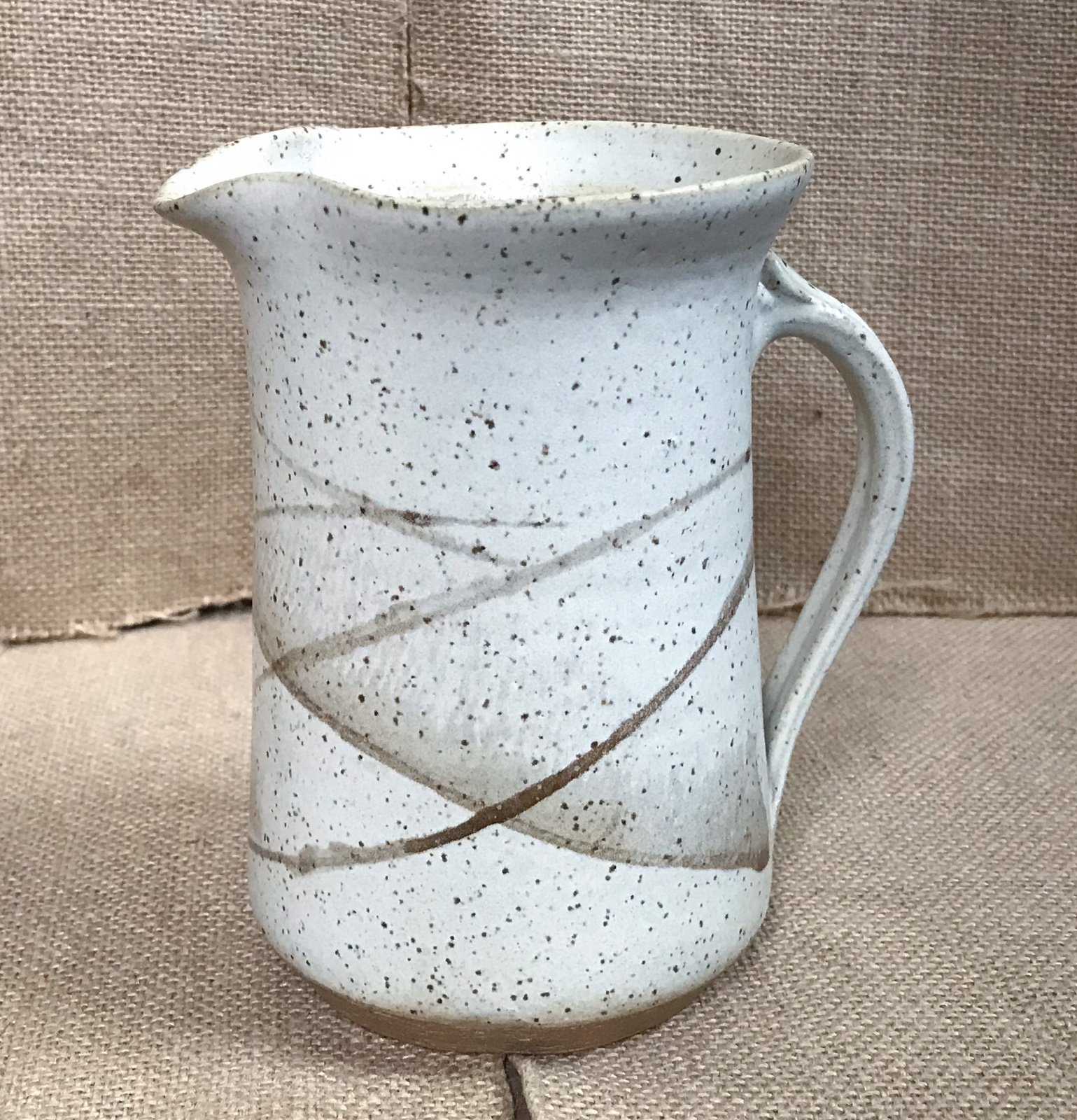 Signed Art Pottery Speckled Cream Brown Farmhouse Pitcher Rustic Cottagecore