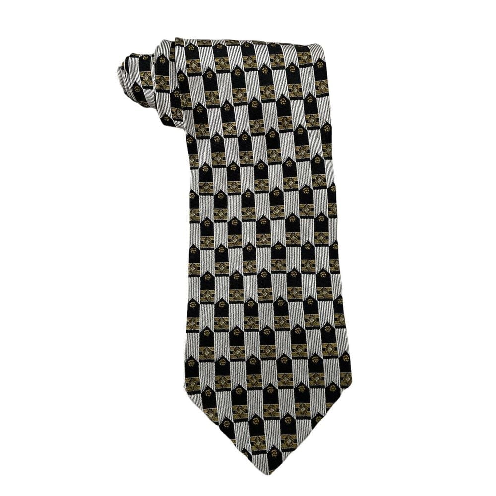 Istante Versace Men's Silver/Black/Gold Geometric 100% Silk Textured Tie 4 euc