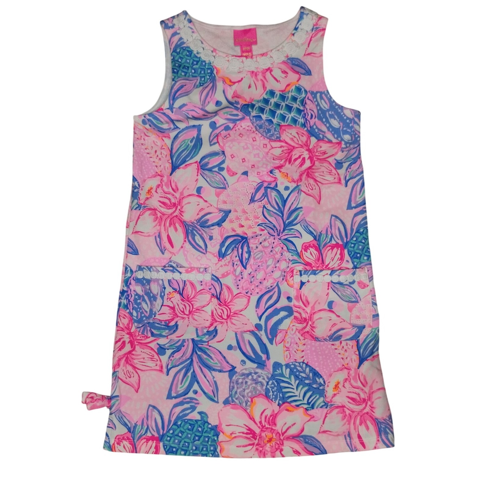 Lilly Pulitzer Girls Sleeveless Dress Pockets Floral Pink Blue L (8-10)