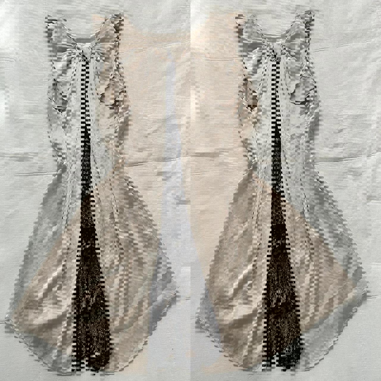 Axes Femme Cream bow front and black lace dress with necklace detail