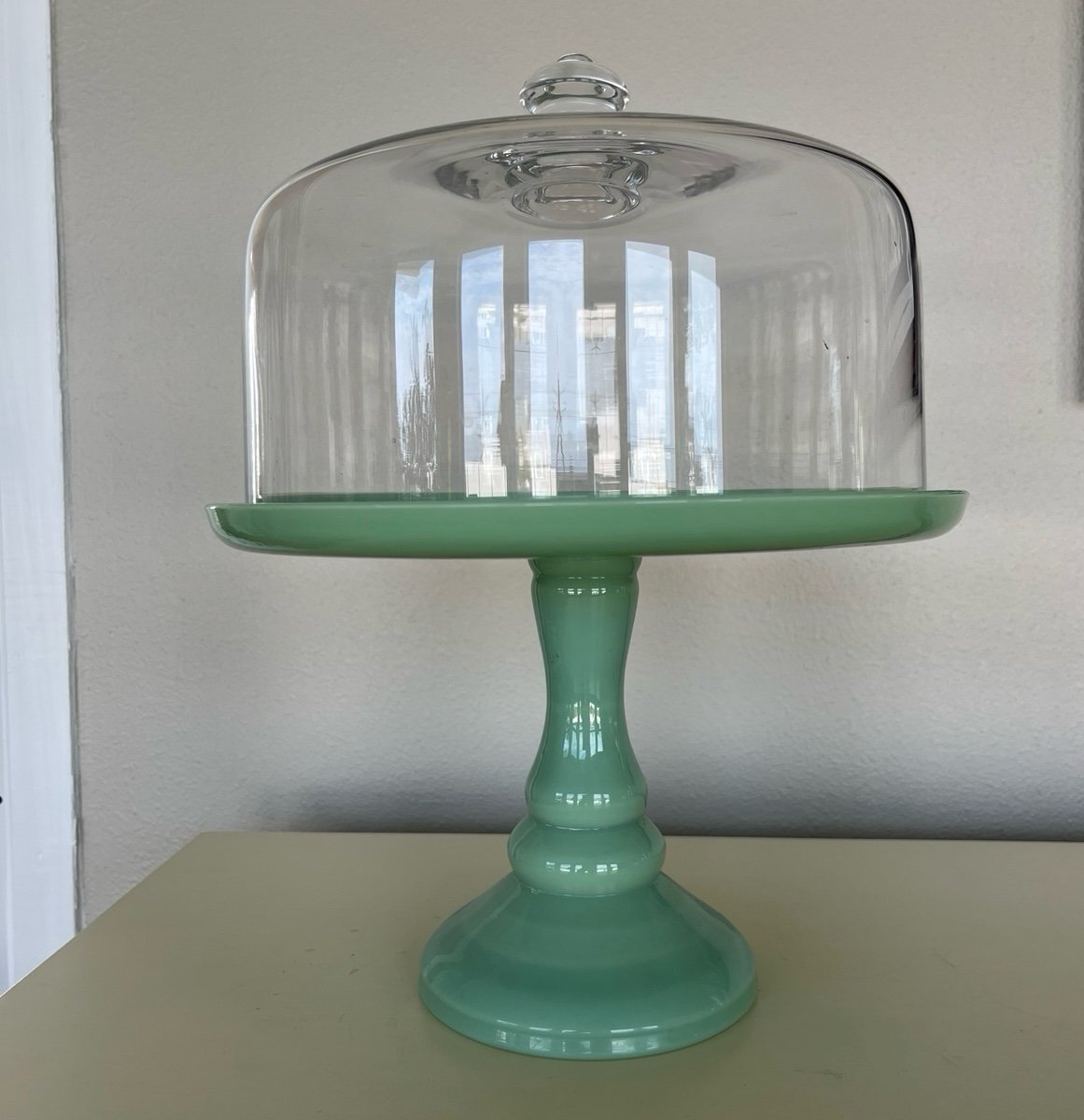Jadeite Green Glass Cake Stand w/Glass Dome 14 X 10.5