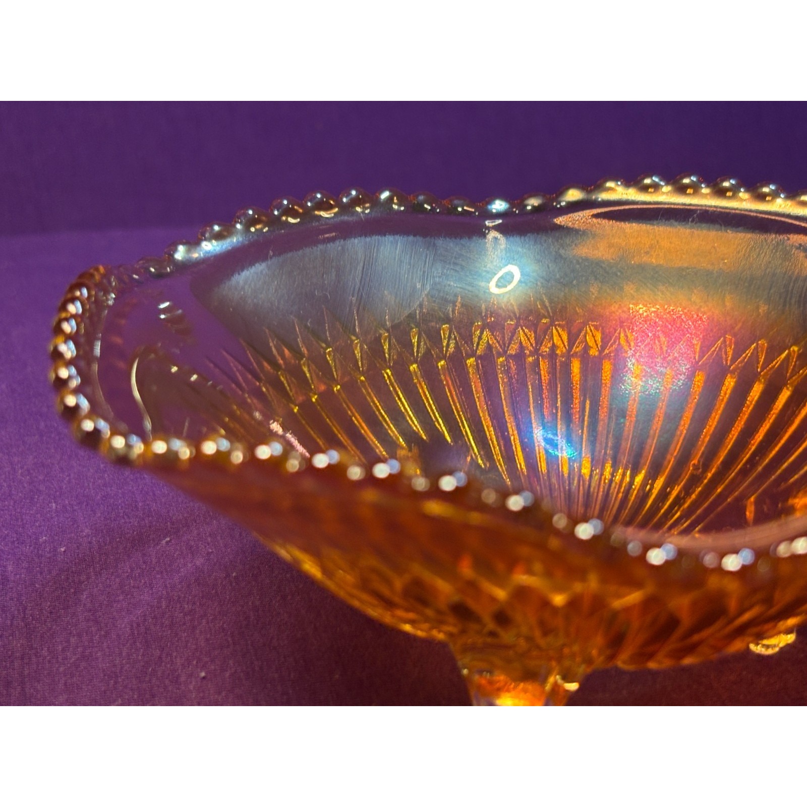 Vintage Marigold Footed Carnival Glass Bowl Rim Ribbed Interior Iridescent