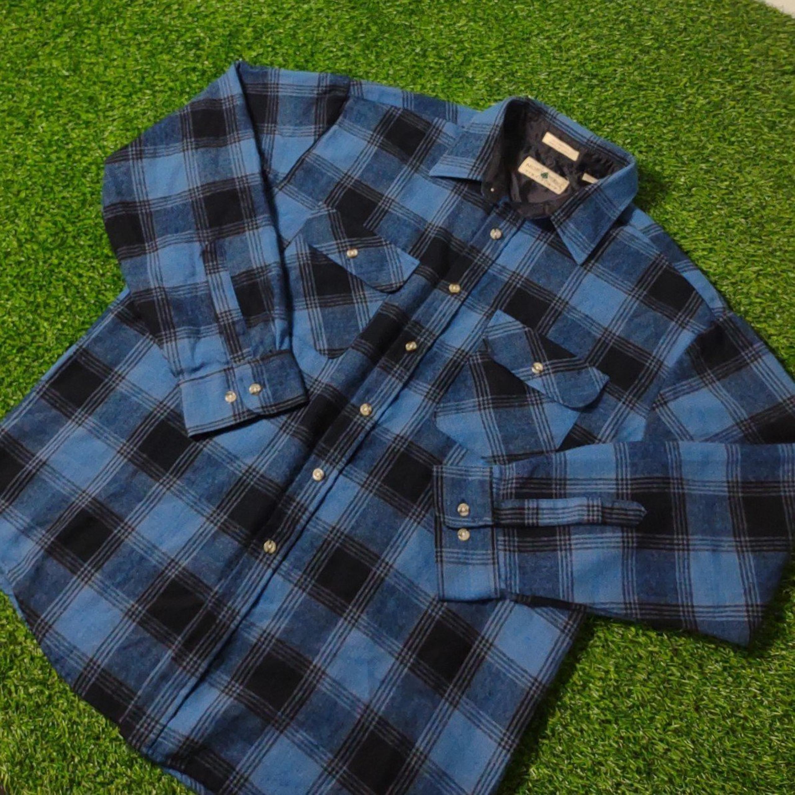 VINTAGE 80s 90s FLANNEL SHIRT MENS LARGE PLAID BLUE BLACK MULTICOLOR