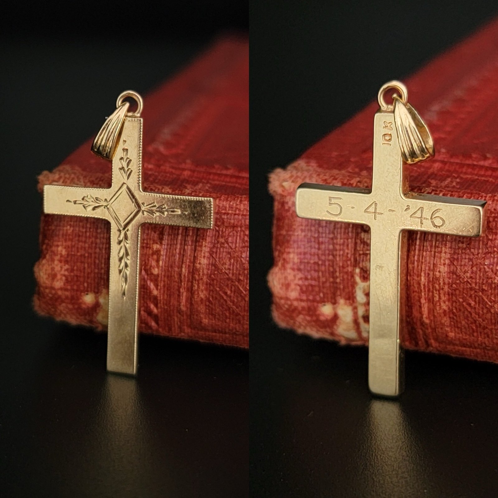 Charming Vintage 10k Yellow Gold Cross Pendant Engraved with the Date “5-4-46”