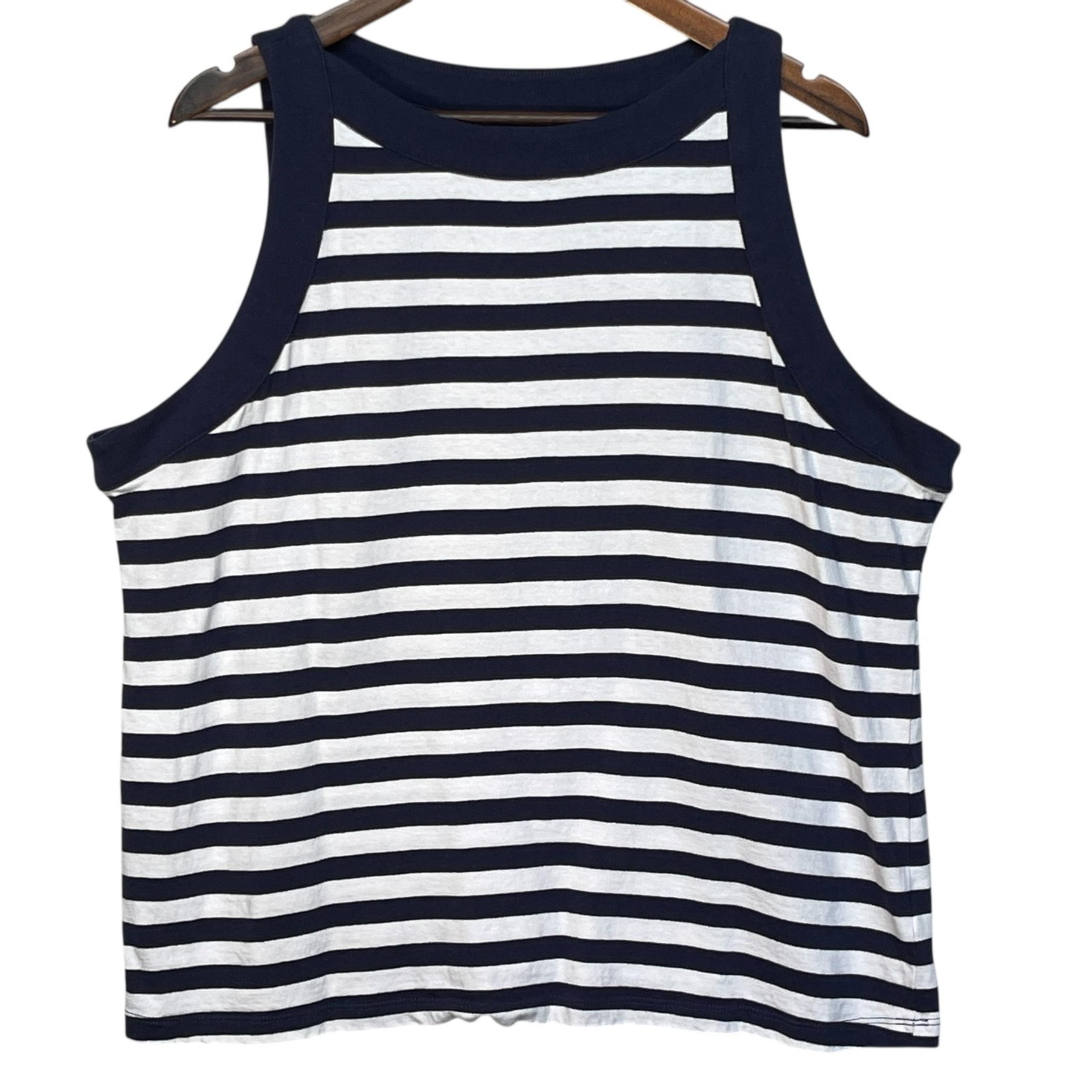 Coral Bay Woman Tank Top Size 1X Navy Striped 100% Cotton Nautical