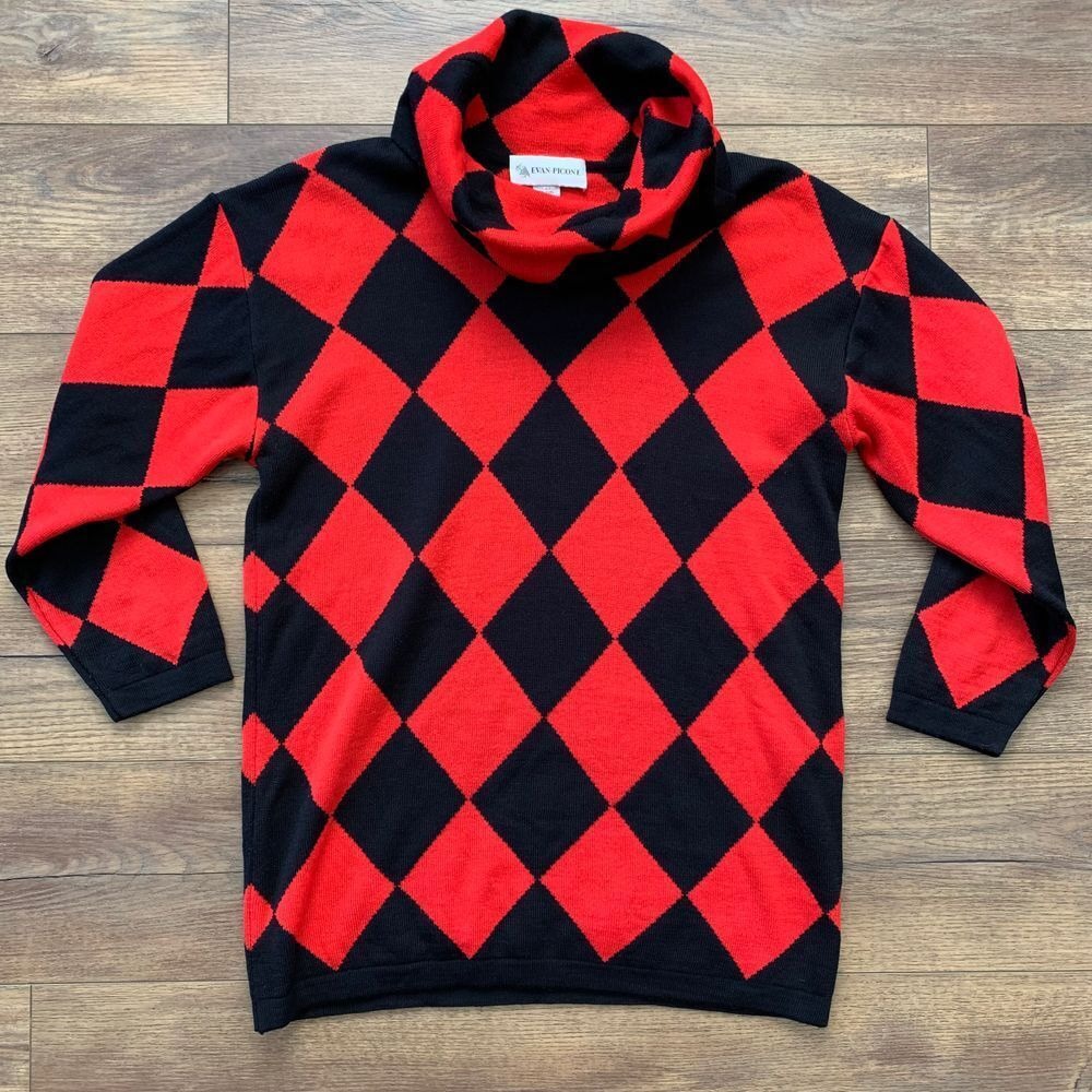 VTG 80's Evan Picone Medium Wool Blend Harlequin Black & Red Cowl Neck Sweater