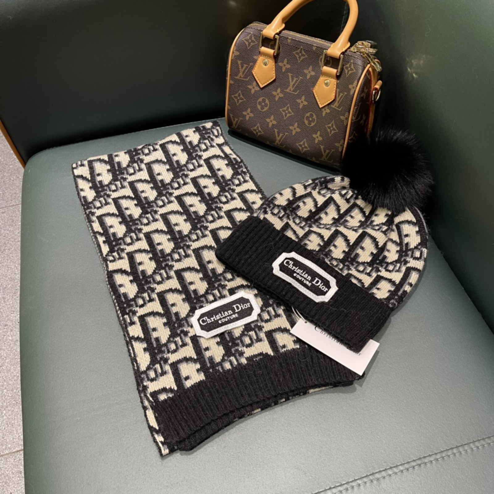 Black letter scarf suit