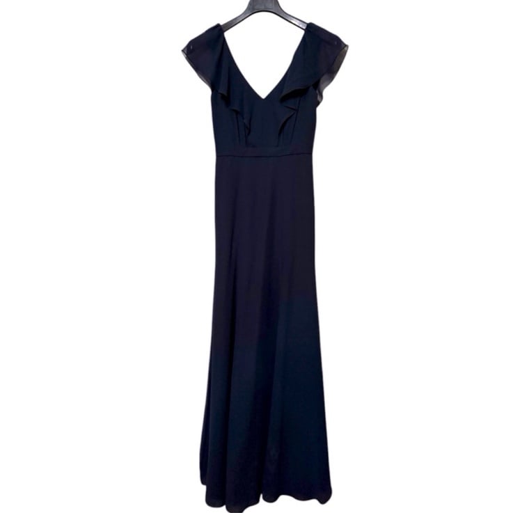 JENNY YOO COLLECTION Navy Cecilia Sleeveless Ruffled Chiffon Long Gown Sz 2 275